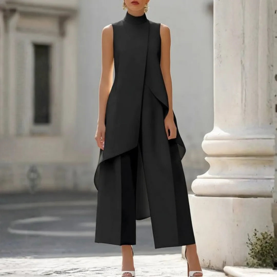 Genevieve | Elegant Asymmetric High Neck Wide-Leg Jumpsuit for Women