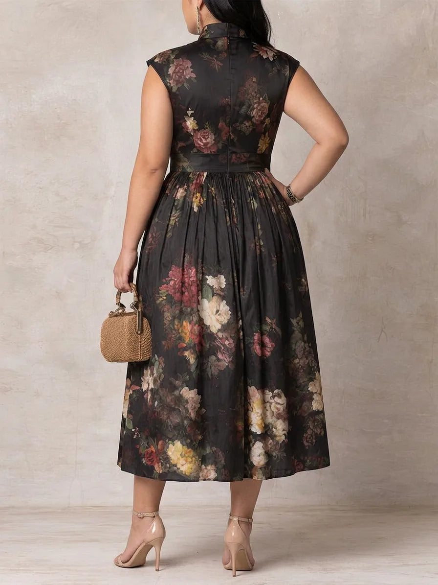Amelie | Black Floral Satin Pleated Midi Dress for Women