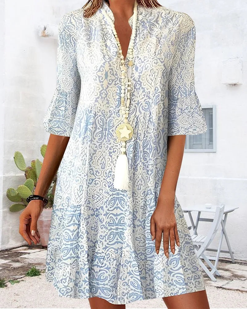 Seraphina | Blue Paisley Print Midi Dress with Three-Quarter Sleeves