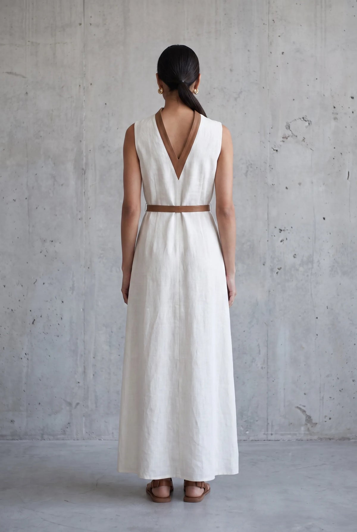 Anne | Cotton Linen V-Neck Maxi Dress with Tie Belt for Women