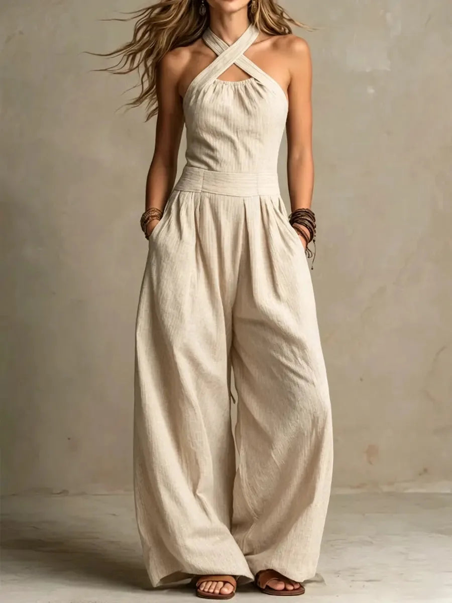 Marcella | Women's Cotton-Linen Halter Jumpsuit with Crossed Collar