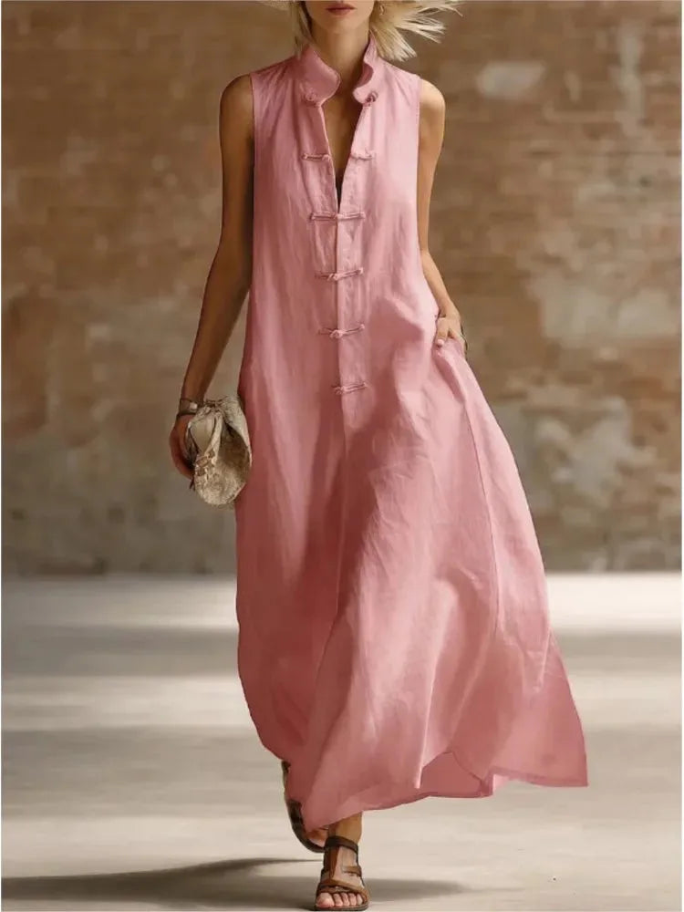Tabitha | Relaxed Linen Maxi Dress with Mandarin Collar for Women