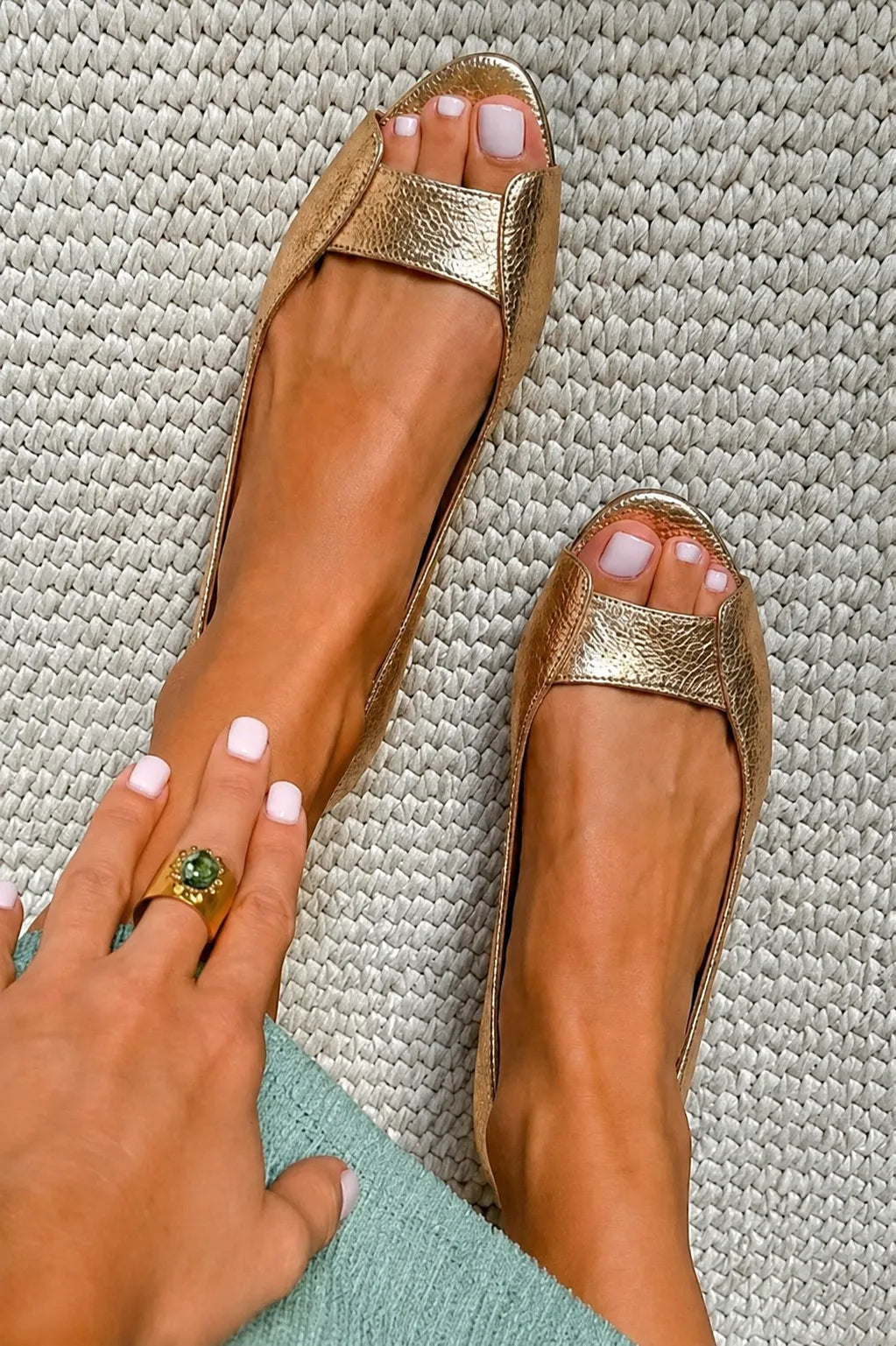 Mia | Metallic Leather Peep-Toe Comfort Flats for Women
