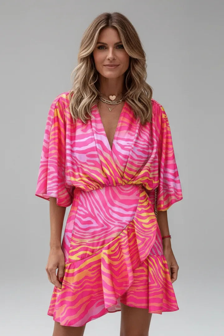 Adela | Women's Printed Mini Wrap Dress with Batwing Sleeves