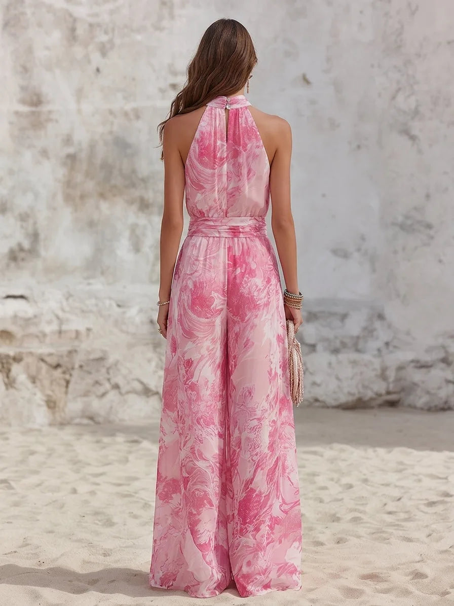 Sonia | Pink Marble Print Halter Wide Leg Jumpsuit for Women