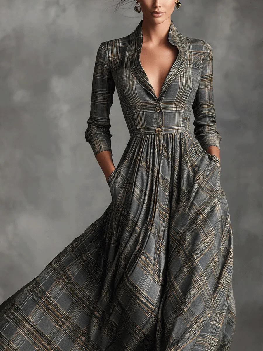 Harper | Women's Tartan Linen-Blend Flared Maxi Dress
