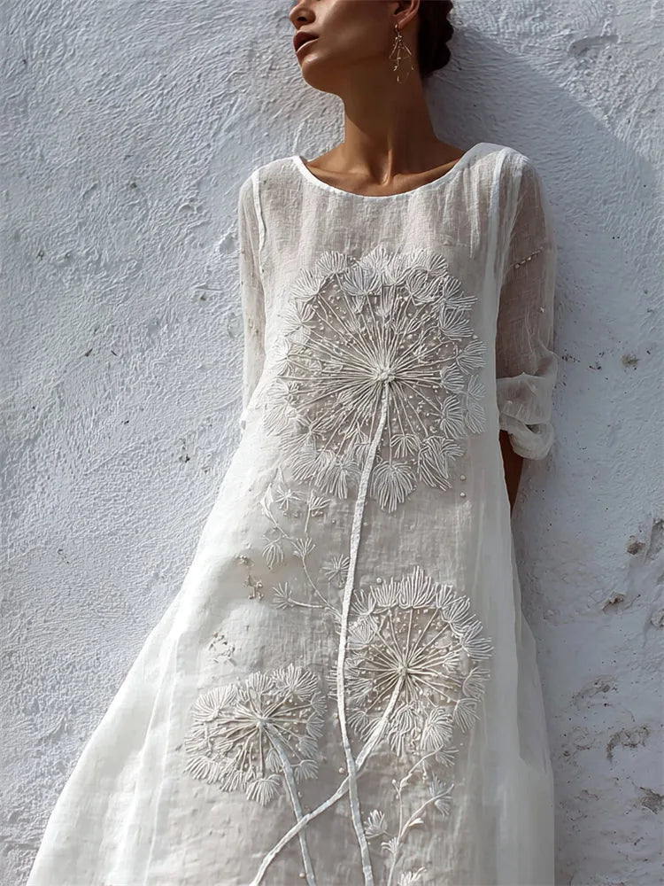 Martha | White Linen Embroidered Midi Dress for Women