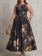 Front view of a round neck version of the floral midi dress with side pockets and a cinched waistband