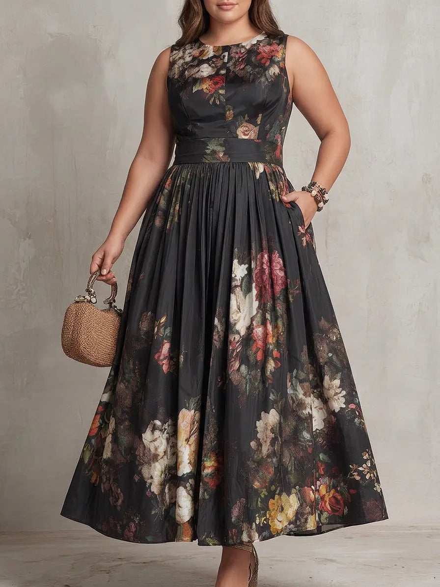 Front view of a round neck version of the floral midi dress with side pockets and a cinched waistband