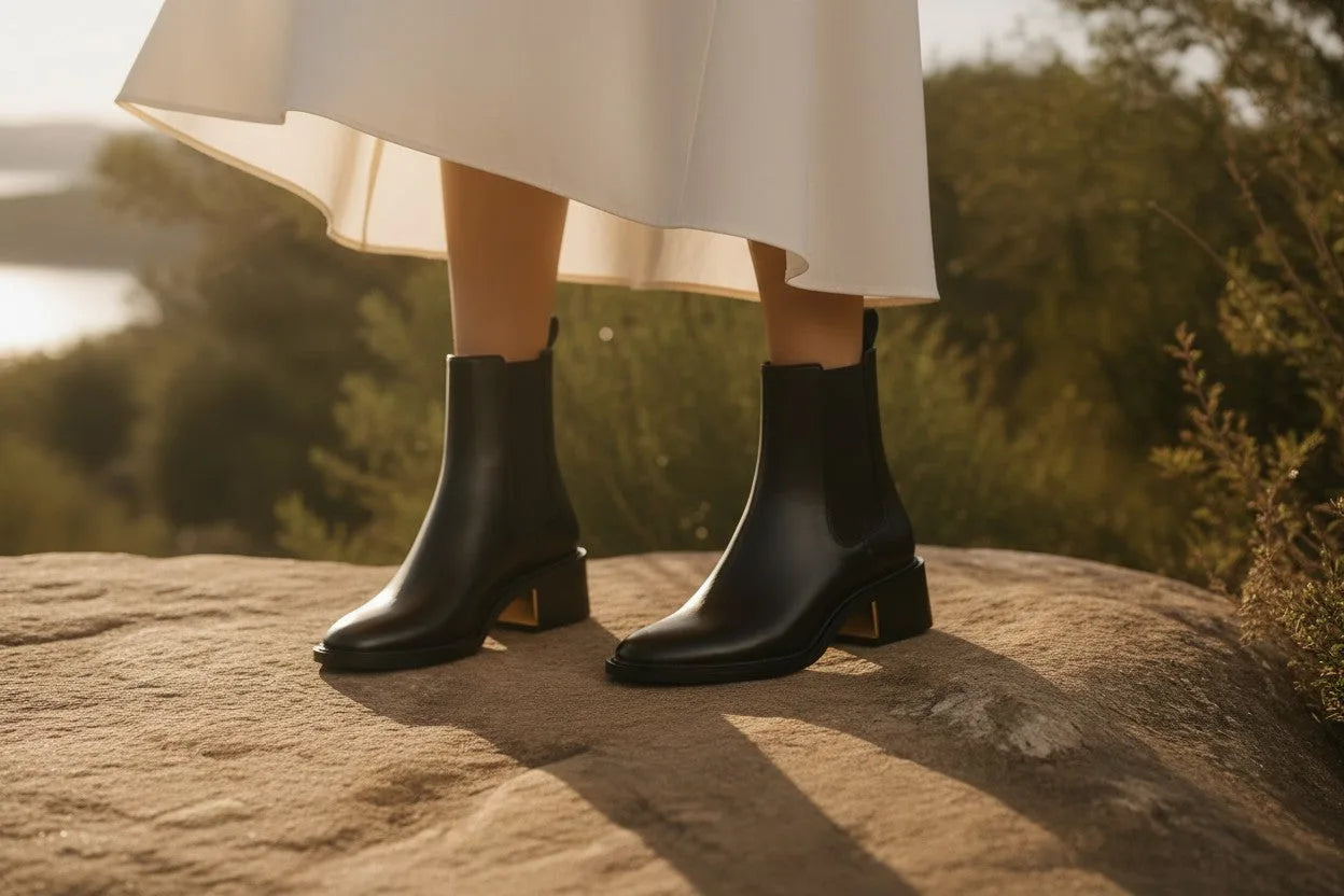 Close-up of black Chelsea boots paired with a white dress, showing the square toe and heel detail in sunlight.