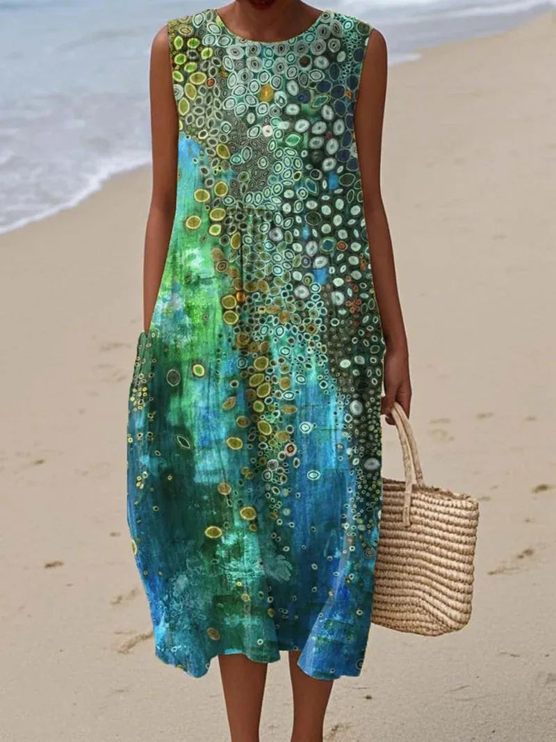 Juno | Blue-Green Abstract Print Midi Dress for Women in Summer
