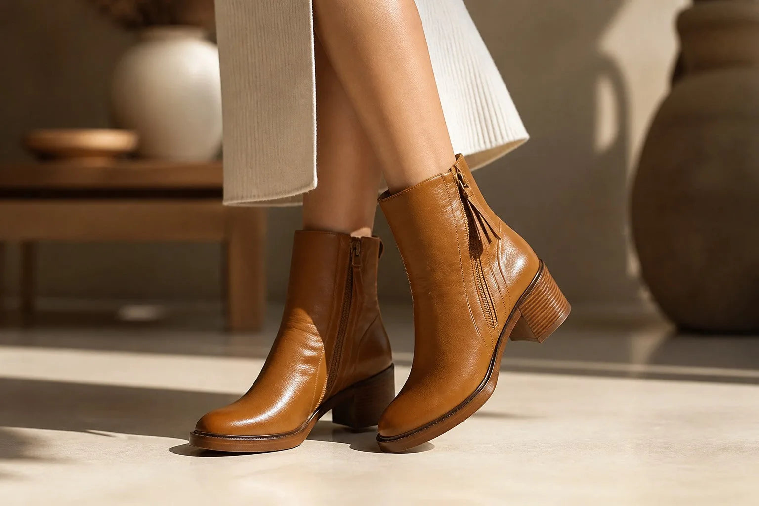 Close-up of a woman walking in camel leather ankle boots paired with a cream knit midi skirt