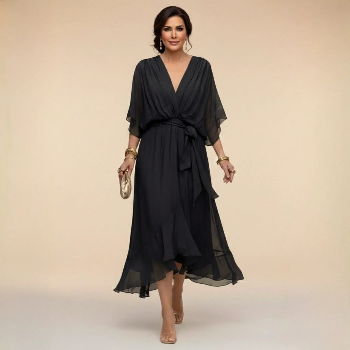 Front view of a black chiffon wrap-style midi dress with flowing kimono sleeves and belted waist