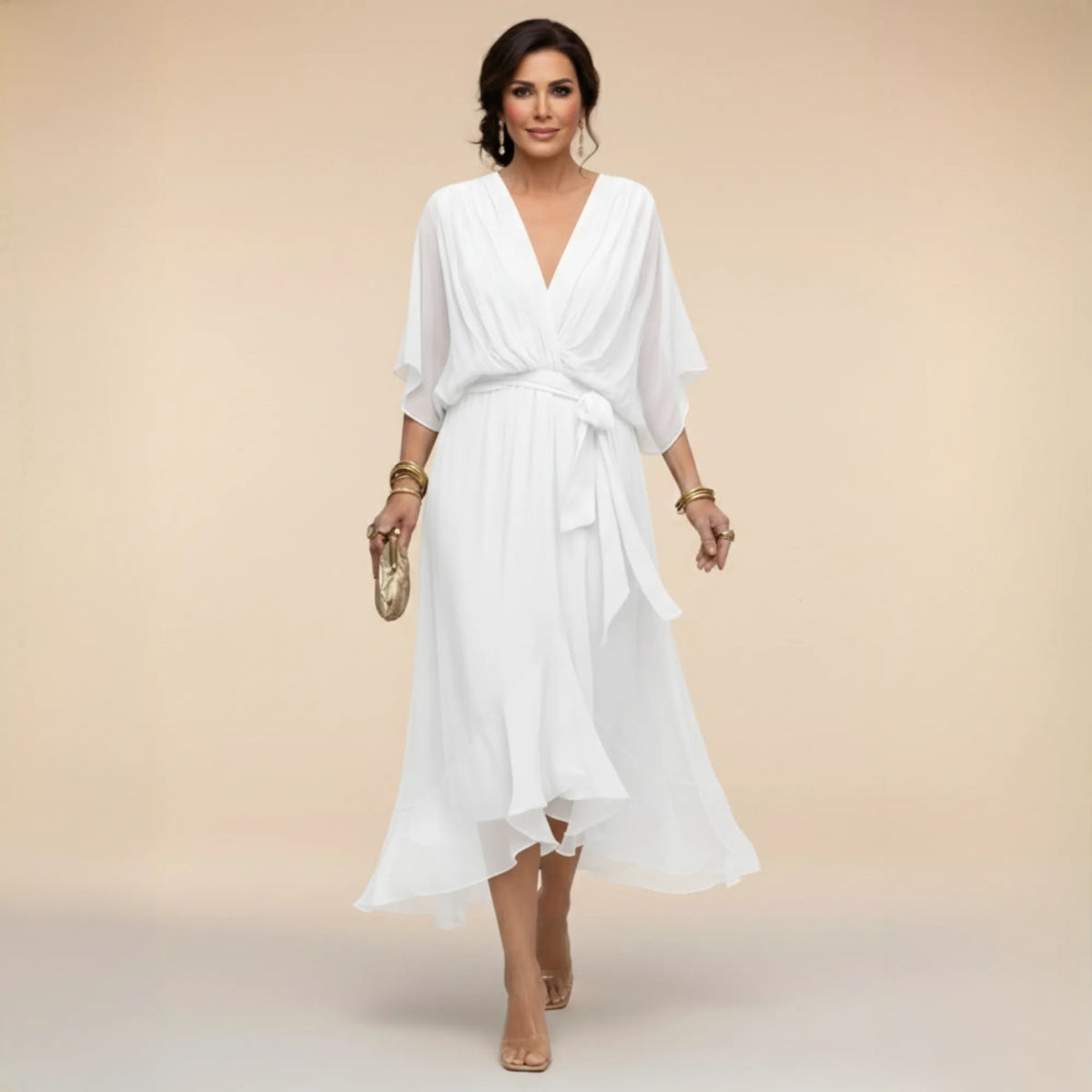 White chiffon midi dress with plunging V-neck, gathered bodice and tiered flowing skirt