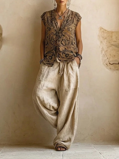 Front view of the paisley-print sleeveless blouse paired with beige wide-leg linen pants and leather sandals