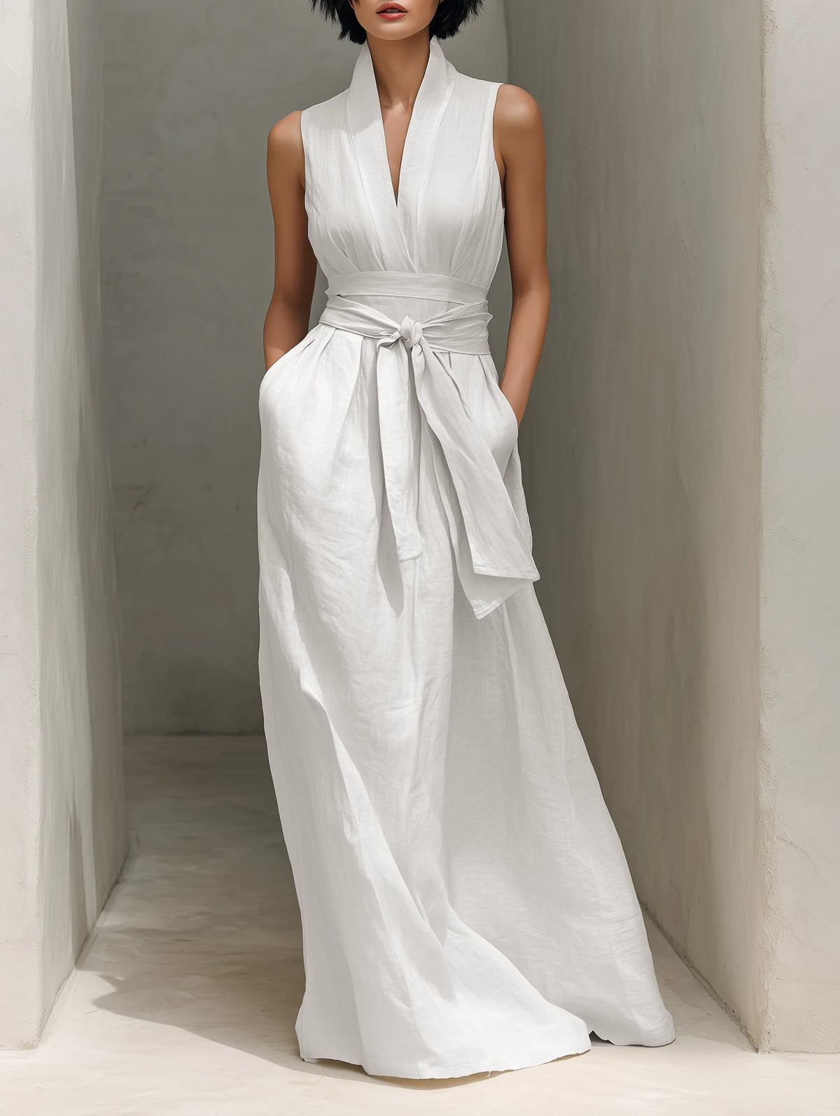 Front view of a model wearing a white cotton linen blend maxi dress with V-neck and tied waist belt, hands in pockets