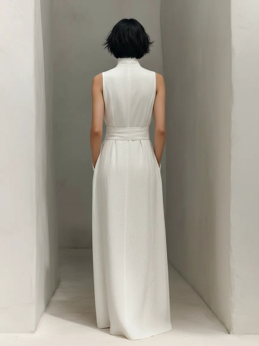 Back view showing the sleeveless maxi dress with stand collar and belted waistband against a minimalist plaster wall