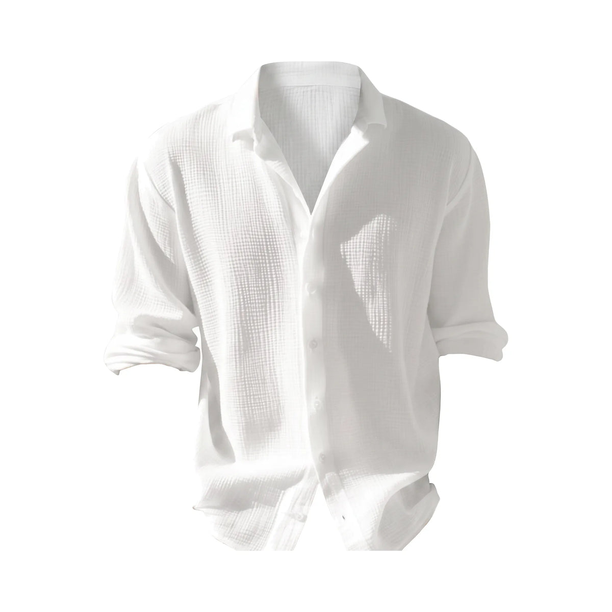 Crinkled white cotton gauze shirt with soft collar, button front and relaxed drape, shown front-on
