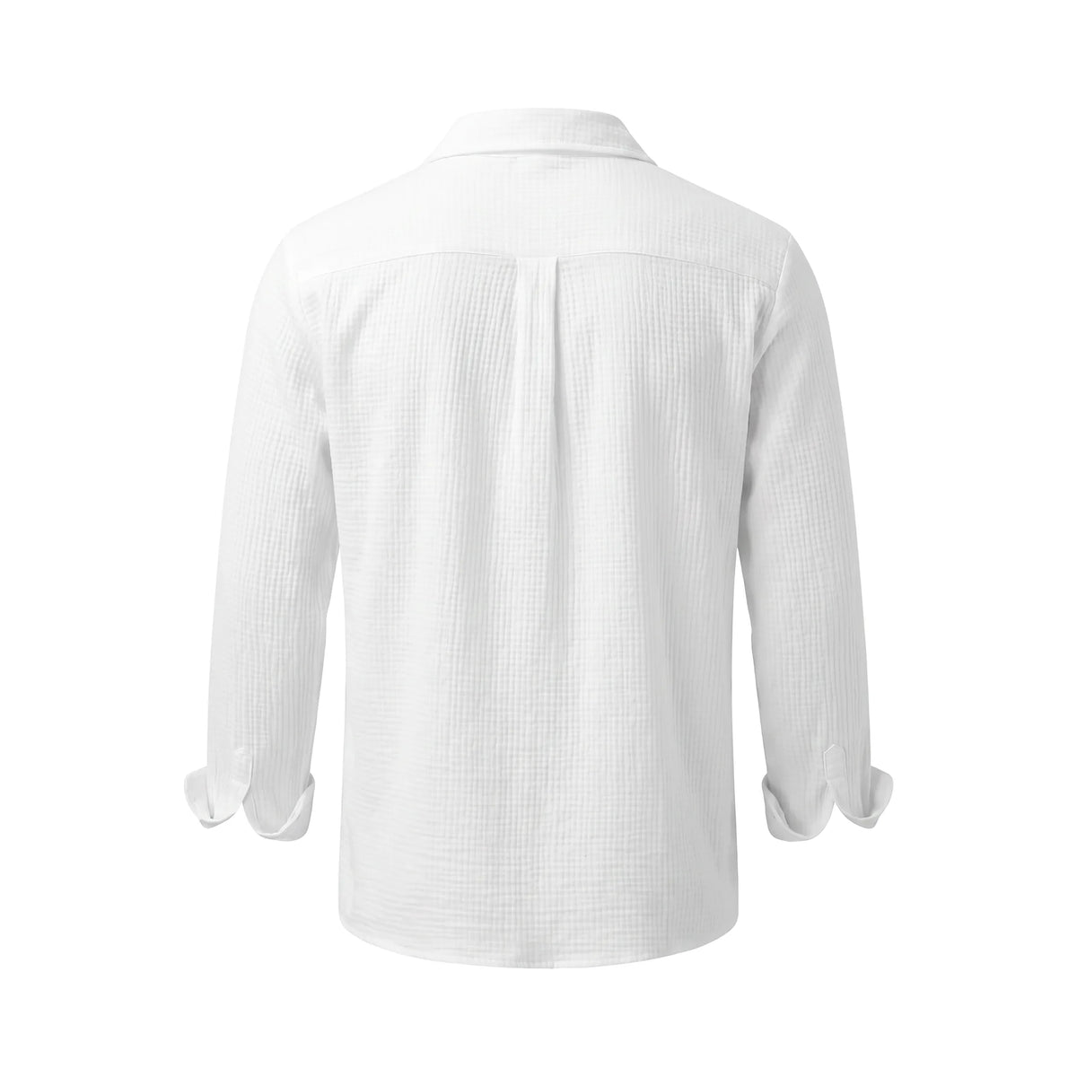 Back view showing the relaxed shoulder yoke, box pleat and long sleeves of the crinkled shirt