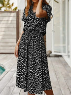 Close-up of the collar and button placket detail on the dotted print midi shirt dress