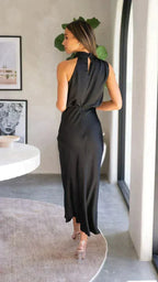 Elegant Draped High Collar Satin Midi Dress for Women image 10