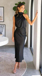 Elegant Draped High Collar Satin Midi Dress for Women image 9