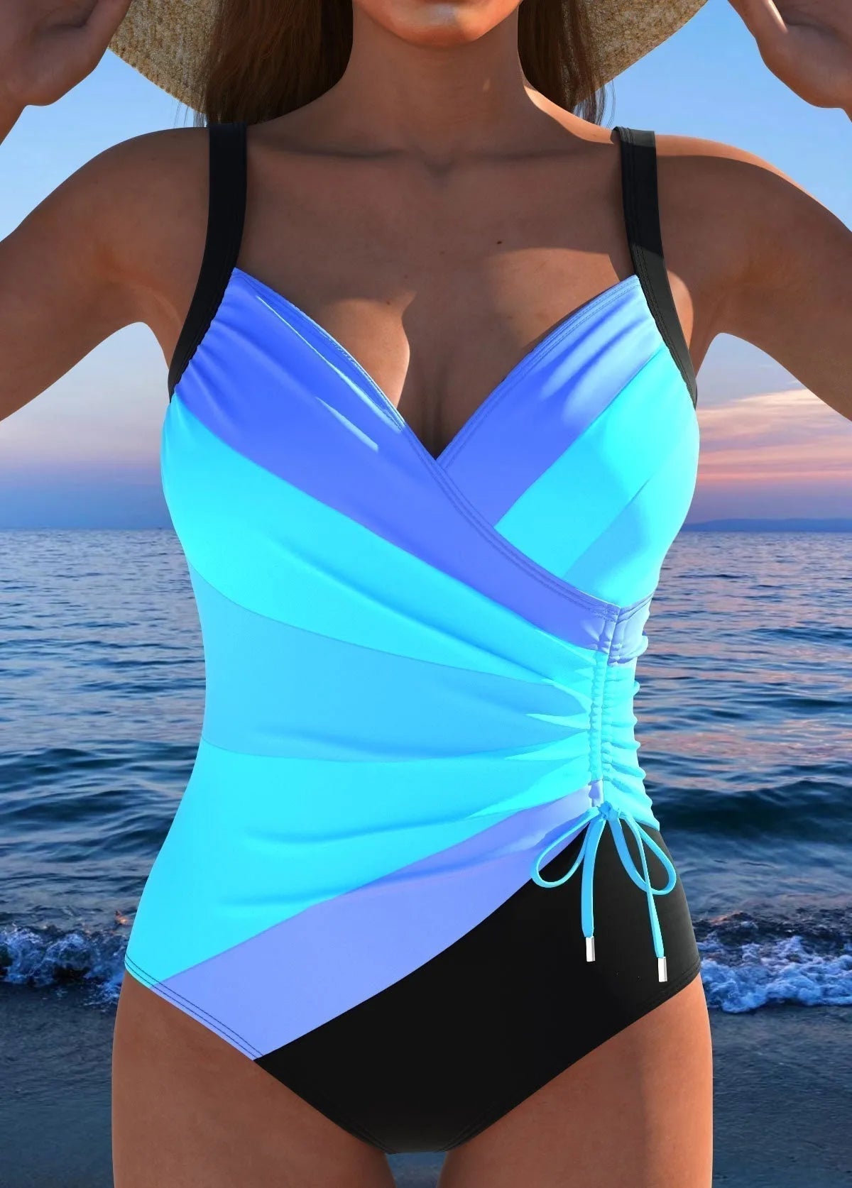 Front view of a blue and black colour-block one-piece swimsuit with wrap neckline and side tie detail