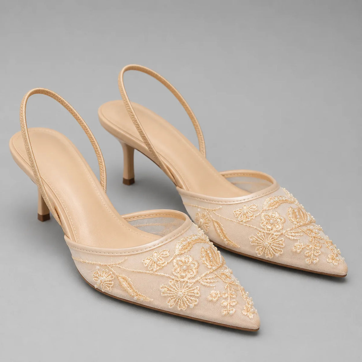 Kathleen | Embroidered Mesh Kitten Heel Slingbacks for Women