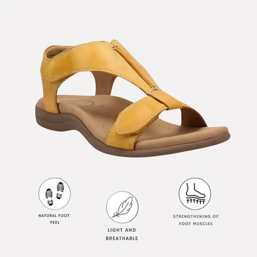 Yellow leather T-strap sandal with stitched straps and contrasting tan insole, angled view