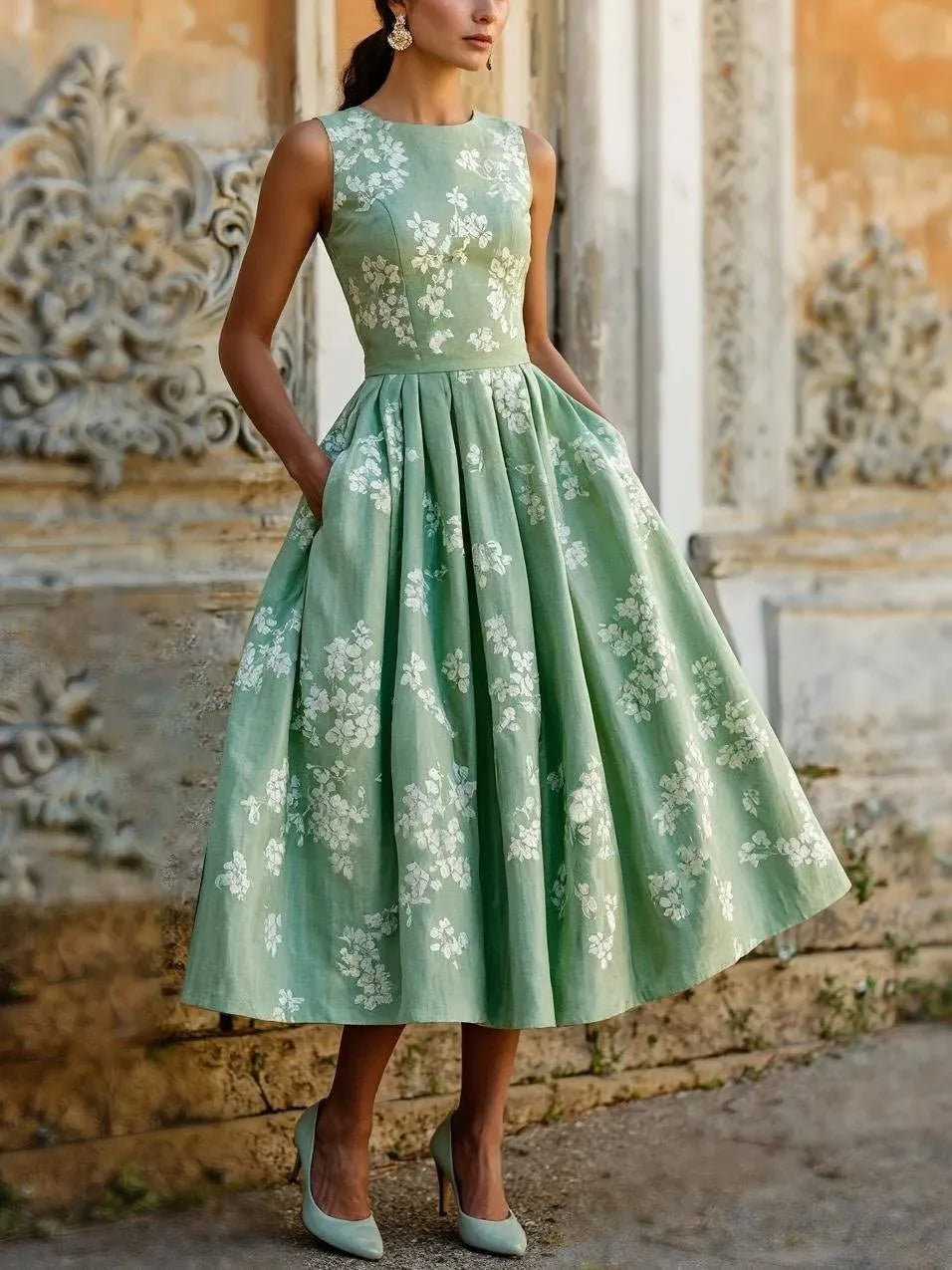 Front view of sage green floral sleeveless midi dress with fitted bodice and flared pleated skirt against weathered stone facade
