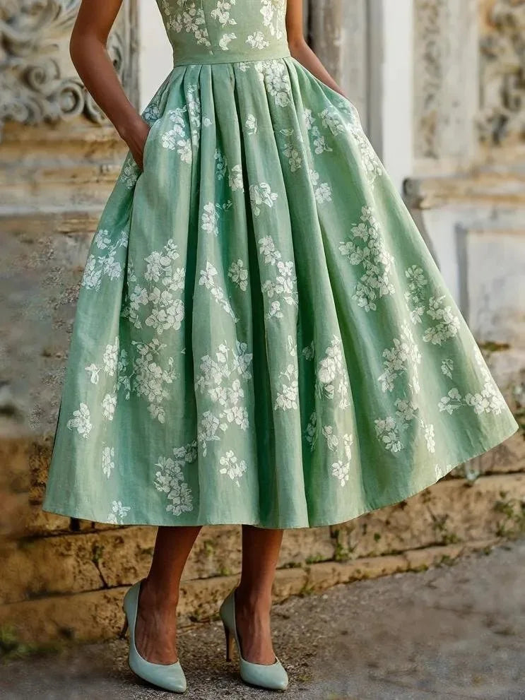 Side angle of sage green floral midi dress showing hand tucked into hidden side pocket within the pleated skirt