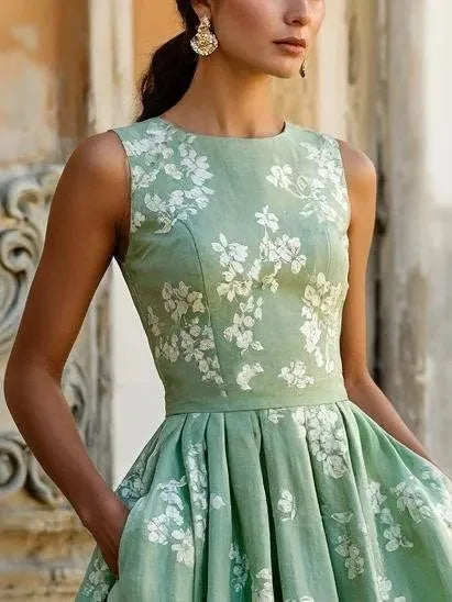 Close-up of sleeveless round-neck bodice in sage green floral print, showing fitted seam detail at the waist