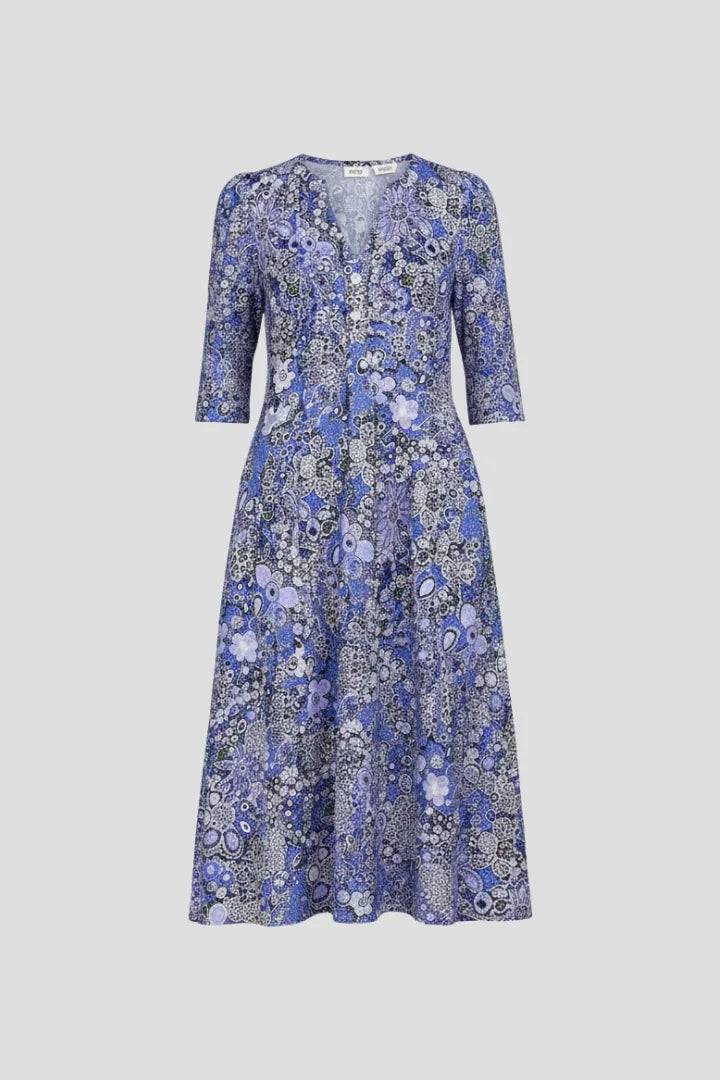 Front view of a blue floral print midi dress with V-neckline, button placket and three-quarter sleeves on a hanger shot