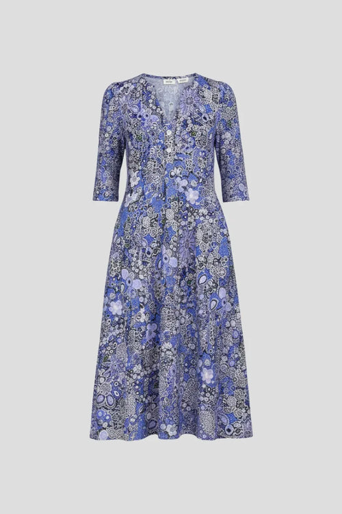 Front view of a blue floral print midi dress with V-neckline, button placket and three-quarter sleeves on a hanger shot