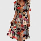 Brown floral watercolour print chiffon midi dress with V-neck, cinched waist and flared skirt