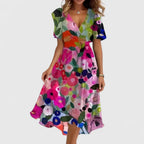 Multicolour floral print chiffon midi dress with vivid pink and blue blooms, V-neck and tie waist