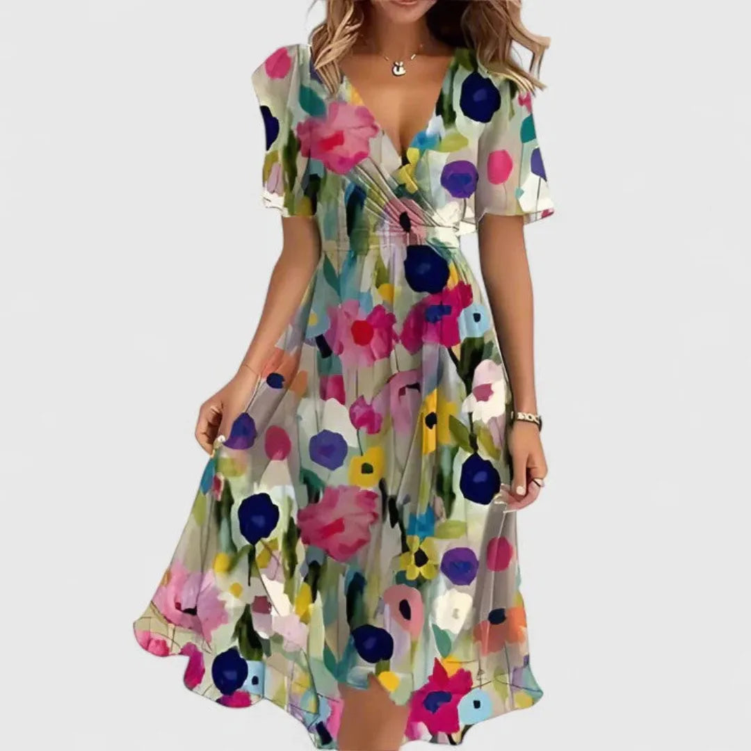 Close-up of multicolour floral chiffon midi dress showing flutter sleeve and wrap-style bodice detail