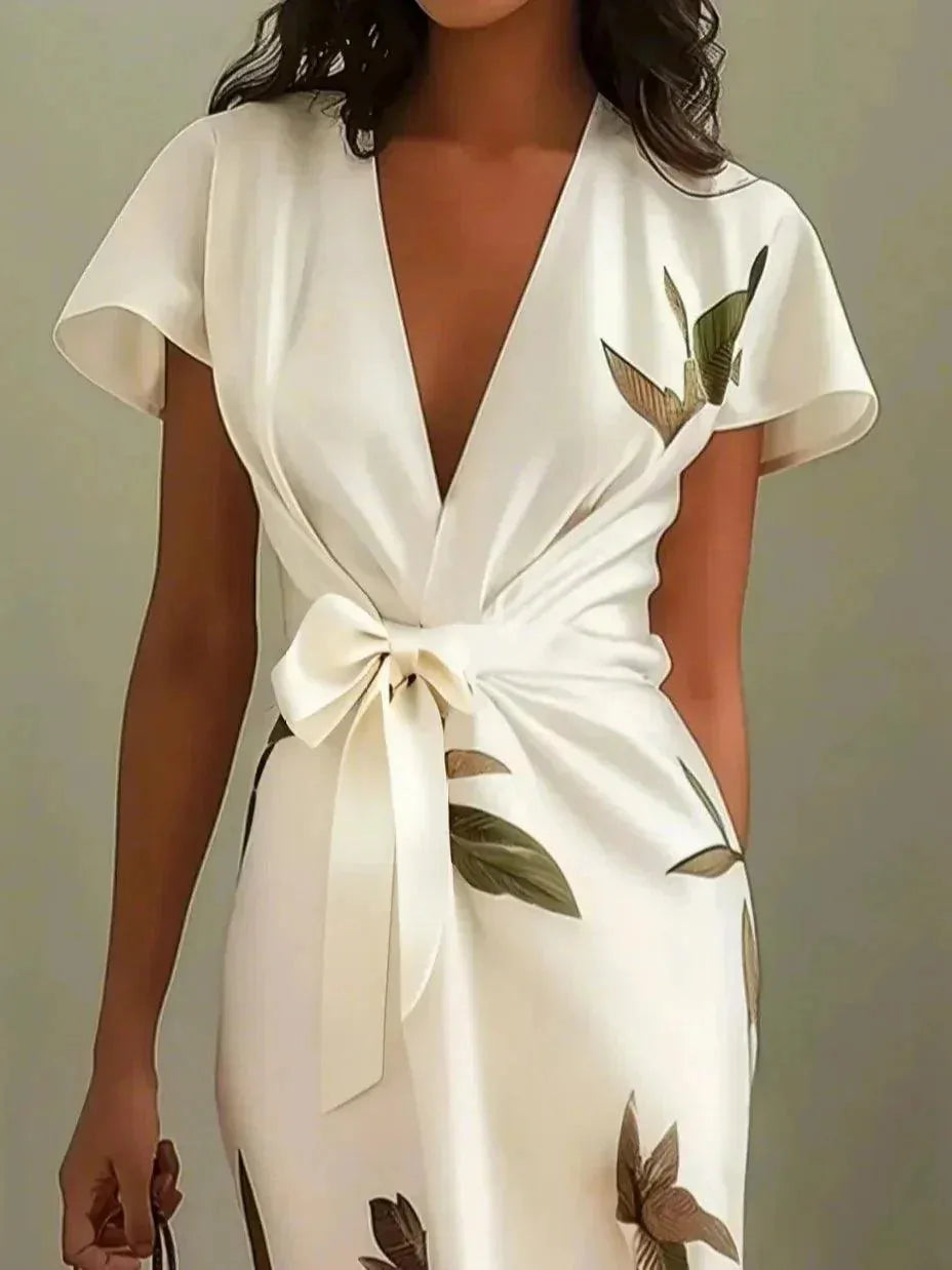 Close-up of the plunging V-neckline, bow-tied waist and leaf print on the ivory wrap midi dress