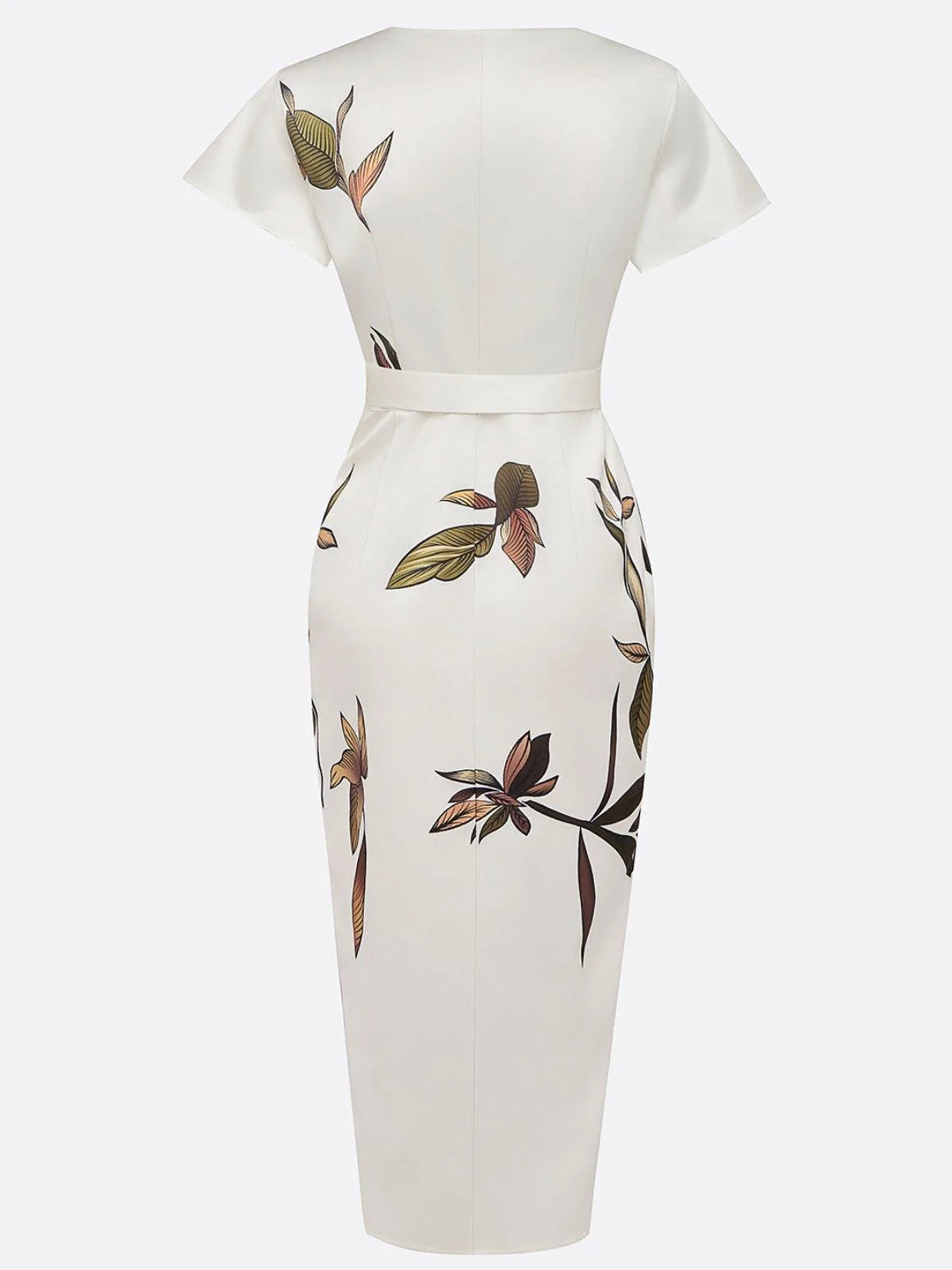 Flat lay product shot of the ivory wrap midi dress showing full front silhouette, tie waist and tulip hem