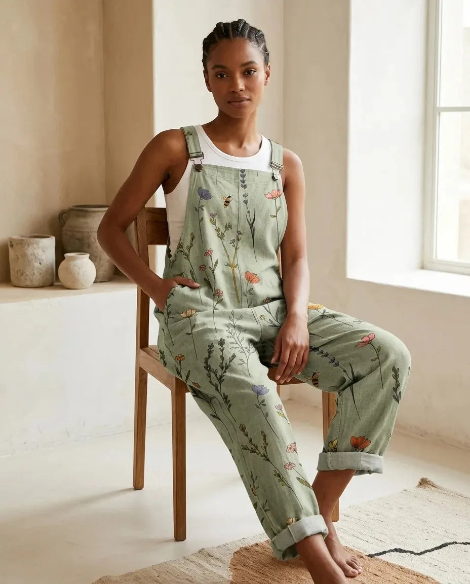 Seated model wearing the cuffed, relaxed-fit floral overall jumpsuit with a bib front and adjustable shoulder straps