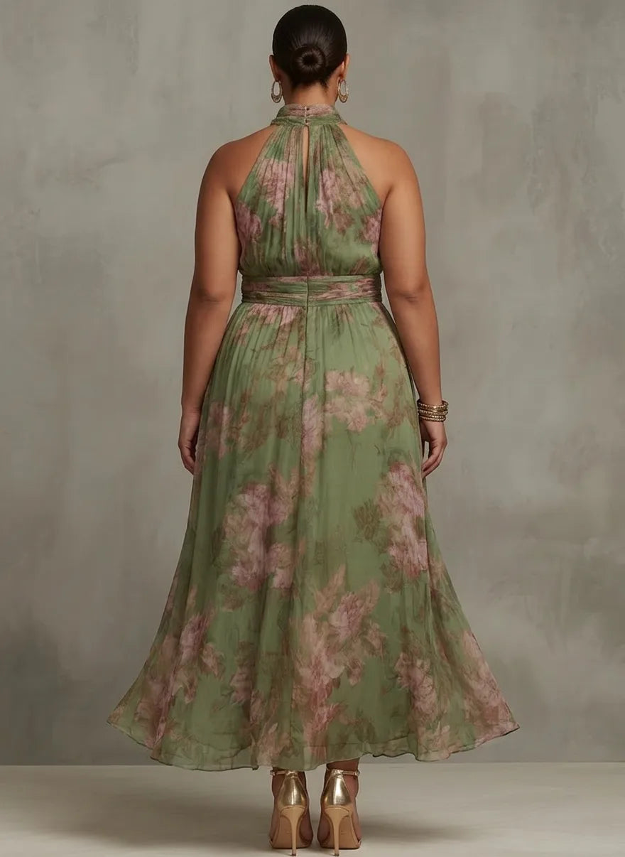 Melanie | Green Floral Chiffon Halter Maxi Dress for Women