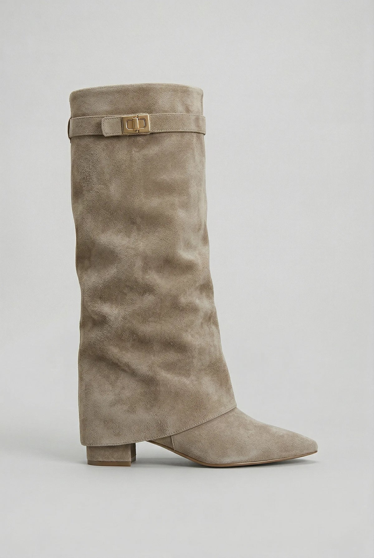 Side profile of a taupe suede-look knee-high boot with foldover shaft, block heel and gold turn-lock strap