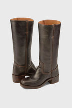 Back view pair of dark brown knee-high leather boots showing tan interior lining and stitched sole edge