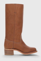 Full side profile of a single tan leather knee-high boot showing straight shaft and block heel detail