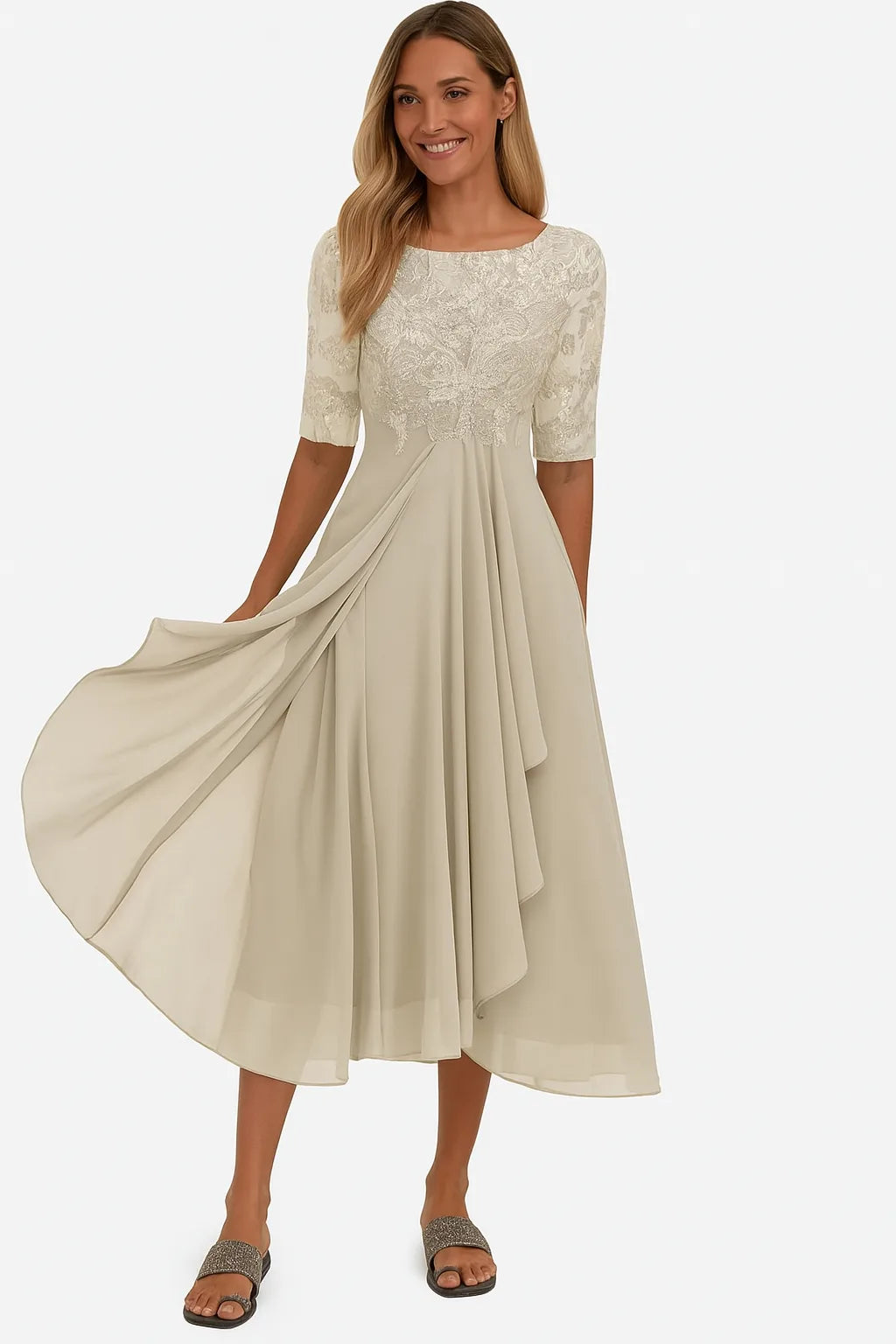 Model wears an ivory lace bodice A-line midi dress with elbow sleeves and a draped chiffon skirt, front view