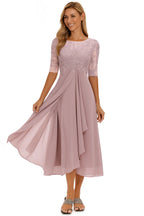 Dusty pink lace midi dress with sheer elbow sleeves and flowing draped chiffon skirt, held out at the side