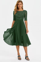 Dark green lace-bodice midi dress with elbow sleeves and a softly draped chiffon A-line skirt
