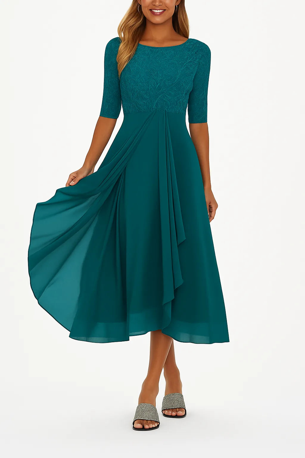 Teal midi dress with textured lace bodice and elbow sleeves, flowing chiffon skirt shown in close front view