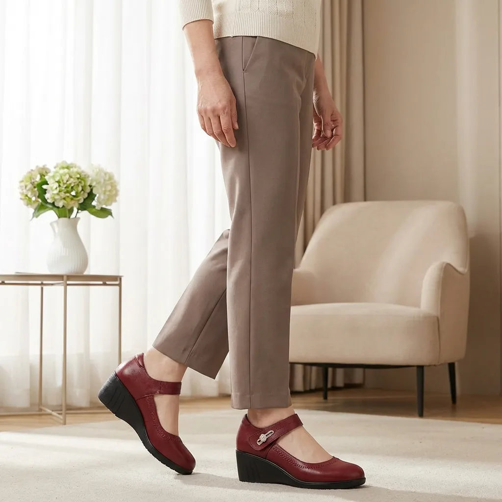 Side view of a woman walking in burgundy leather Mary Jane wedge shoes with an adjustable ankle strap