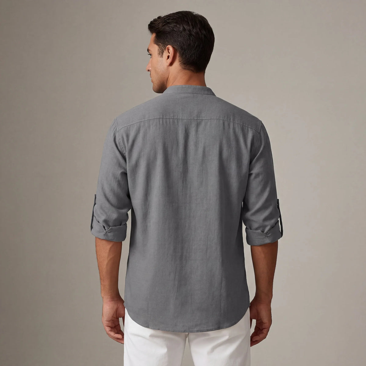 Clifford | Men's Linen Band Collar Popover Shirt with Long Sleeves